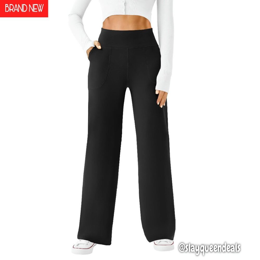 High Waist Wide Leg Yoga Pants with Pockets - Comfy Polyester Spandex Blend